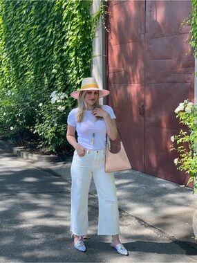 Trave Cream Wide-Leg Distressed Jeans
